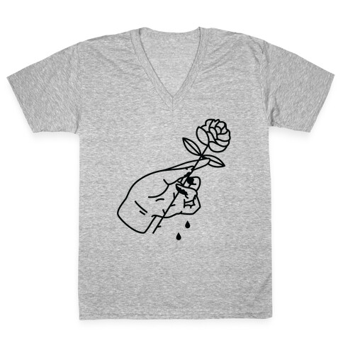 Hand With Bleeding Fingers Holding a Rose V-Neck Tee Shirt