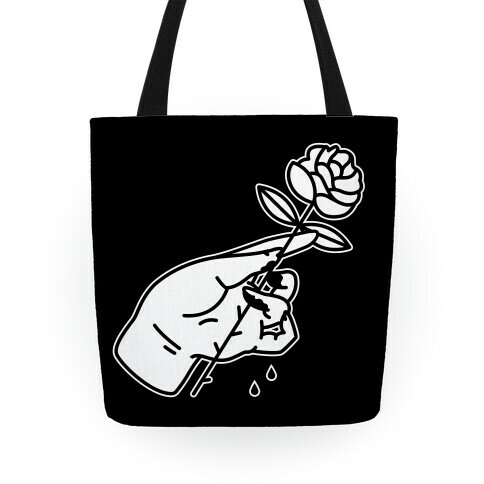 Hand With Bleeding Fingers Holding a Rose Tote