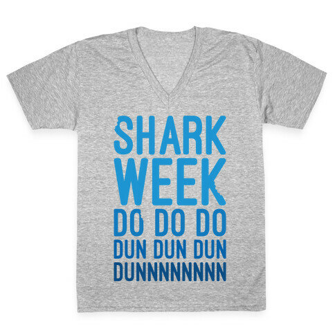Shark Week Do Do Do Dun Dun Dun Jaws Parody White Print V-Neck Tee Shirt