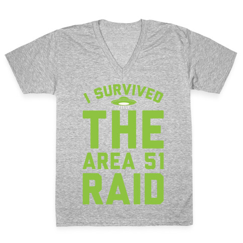 I Survived The Area 51 Raid Parody White Print V-Neck Tee Shirt