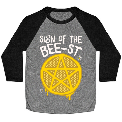 Sign Of the Bee-st Satanic Bee Parody White Print Baseball Tee