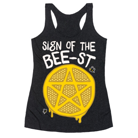 Sign Of the Bee-st Satanic Bee Parody White Print Racerback Tank Top