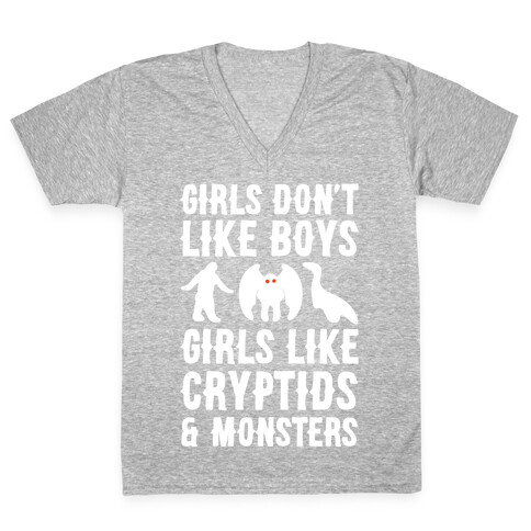 Girls Don't Like Boys Girls Like Cryptids and Monsters Parody White Print V-Neck Tee Shirt