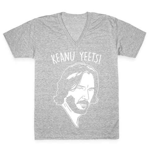 Keanu Yeets Parody White Print V-Neck Tee Shirt