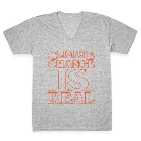 Climate Change Is Real Stranger Things Parody White Print V-Neck Tee Shirt