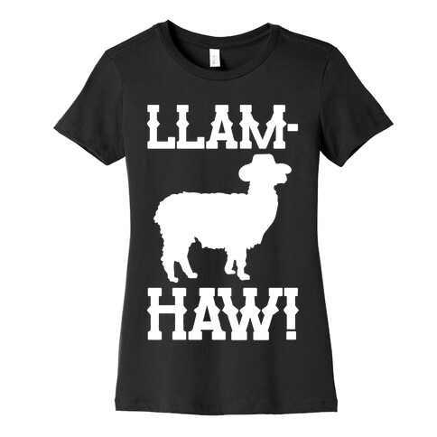 Llam-Haw Llama Yee Haw Parody White Print Womens T-Shirt