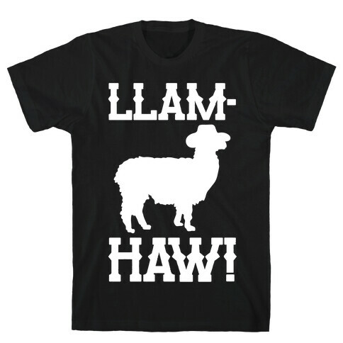 Llam-Haw Llama Yee Haw Parody White Print T-Shirt