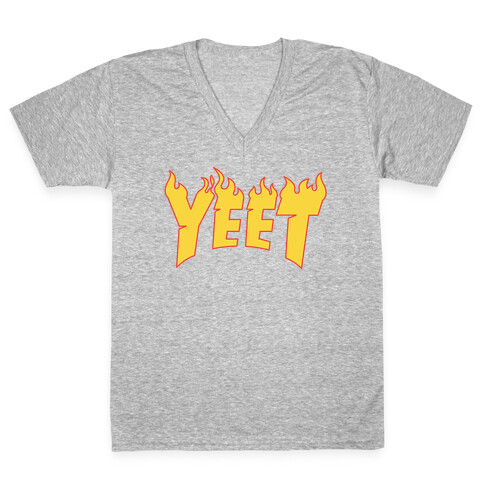 Yeet Thrasher Logo Parody White Print V-Neck Tee Shirt