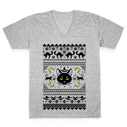 Witchy Black Cats Ugly Sweater V-Neck Tee Shirt
