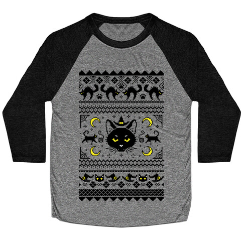 Witchy Black Cats Ugly Sweater Baseball Tee