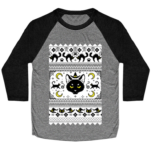 Witchy Black Cats Ugly Sweater Baseball Tee