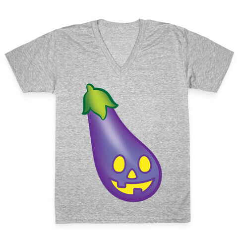 Eggplant Jack-O-Lantern  V-Neck Tee Shirt