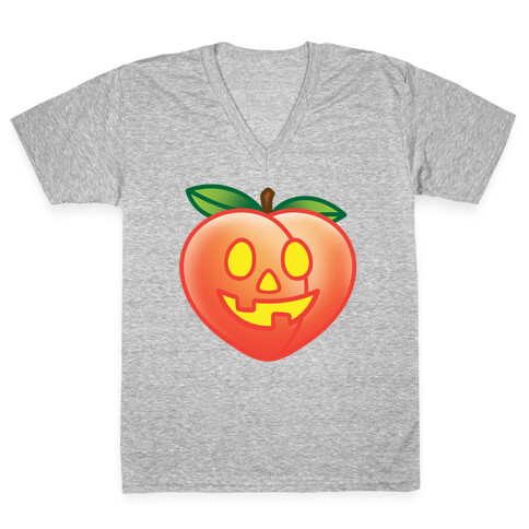 Peach Jack-O-Lantern White Print V-Neck Tee Shirt