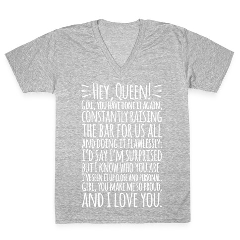 Hey Queen Michelle Obama Quote White Print V-Neck Tee Shirt