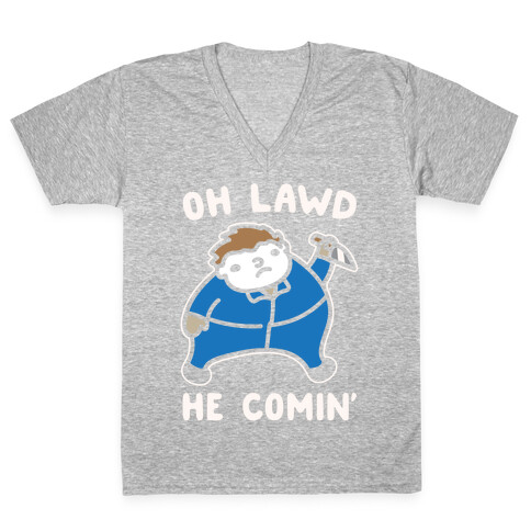 Oh Lawd He Comin' Masked Killer Parody White Print V-Neck Tee Shirt