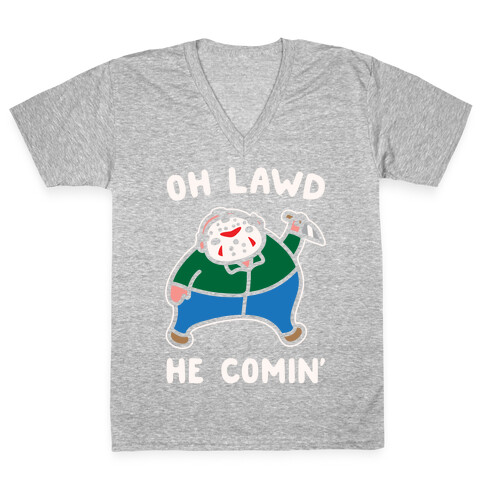 Oh Lawd He Comin' Parody White Print (Hockey Mask Killer)  V-Neck Tee Shirt