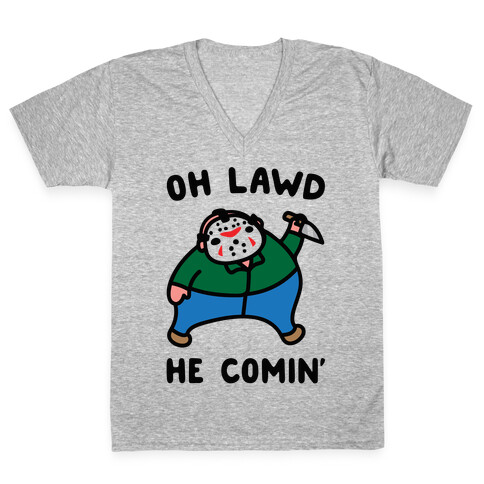 Oh Lawd He Comin' Parody (Hockey Mask Killer)  V-Neck Tee Shirt