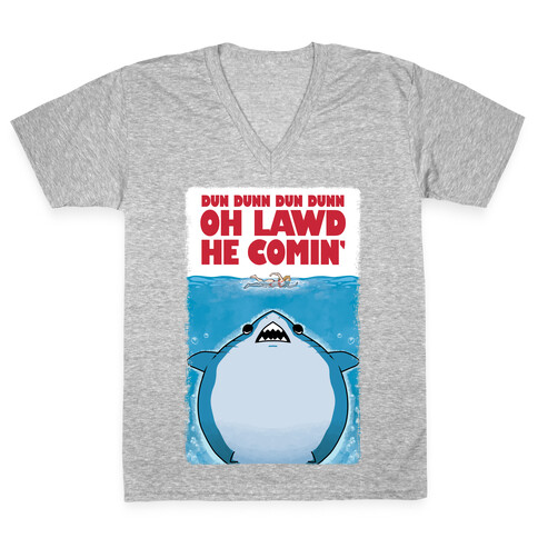 Oh Lawd He Comin' Jaws Parody V-Neck Tee Shirt