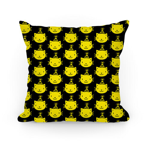Cat Party Pattern Pillow (Yellow On Black) Pillow