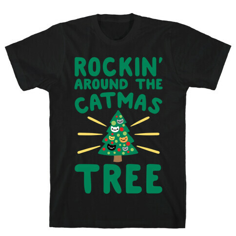 Rockin' Around The Catmas Tree Parody White Print T-Shirt