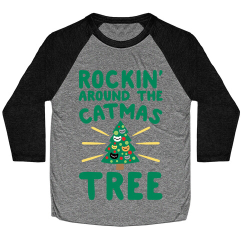 Rockin' Around The Catmas Tree Parody White Print Baseball Tee