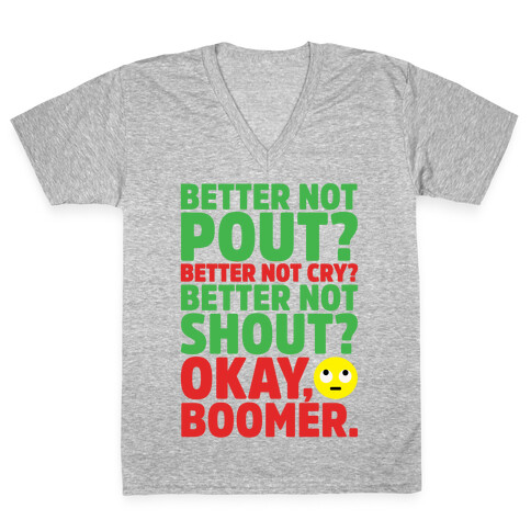 Okay Boom Santa Parody White Print V-Neck Tee Shirt