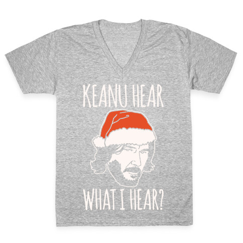 Keanu Hear What I Hear Parody White Print V-Neck Tee Shirt