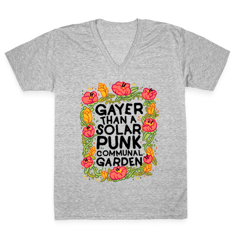 Gayer Than a Solar Punk Communal Garden V-Neck Tee Shirt