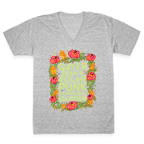 Gayer Than a Solar Punk Communal Garden V-Neck Tee Shirt