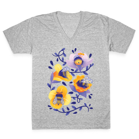 Sleepy Bumble Bee Butts Floral V-Neck Tee Shirt