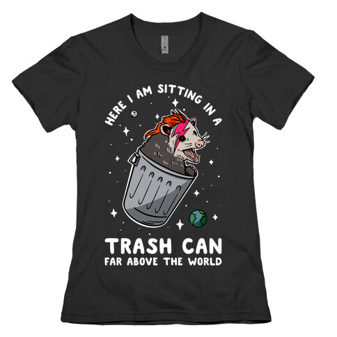 Here I am Sitting in a Trash Can Far Above the World Opossum Womens T-Shirt