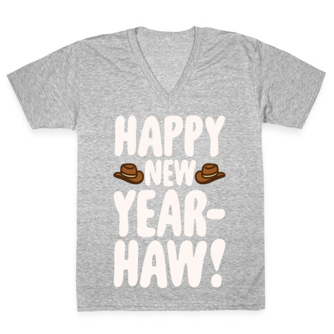 Happy New Year-Haw White Print V-Neck Tee Shirt