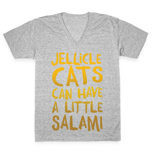 Jellicle Cats Can Have A Little Salami Parody White Print V-Neck Tee Shirt