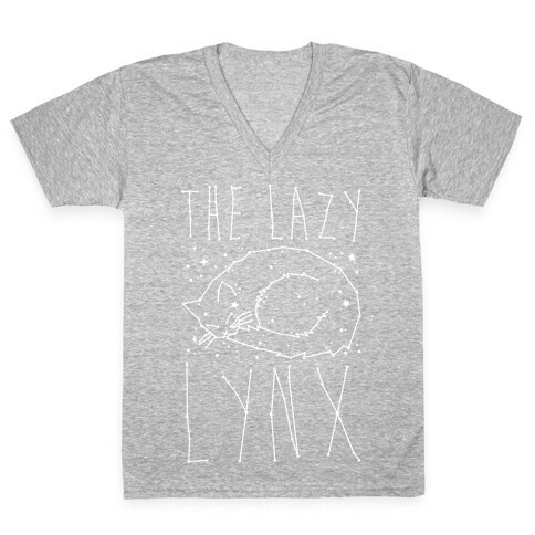 The Lazy Lynx Cat Constellation Parody White Print V-Neck Tee Shirt