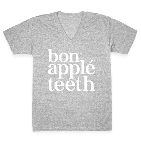 Bone Apple Teeth Parody White Print V-Neck Tee Shirt