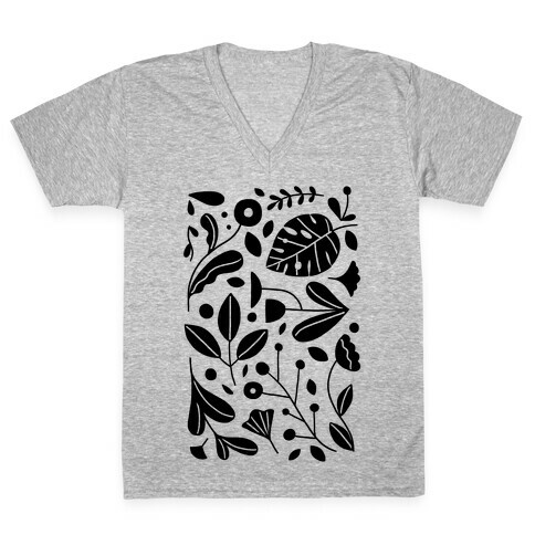 Black and White Plant Pattern V-Neck Tee Shirt