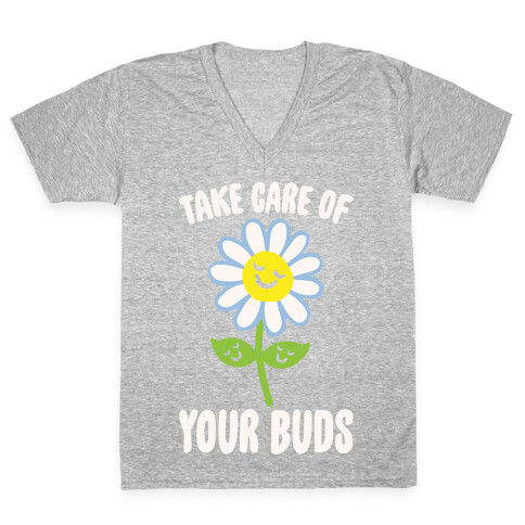Take Care of Your Buds White Print V-Neck Tee Shirt