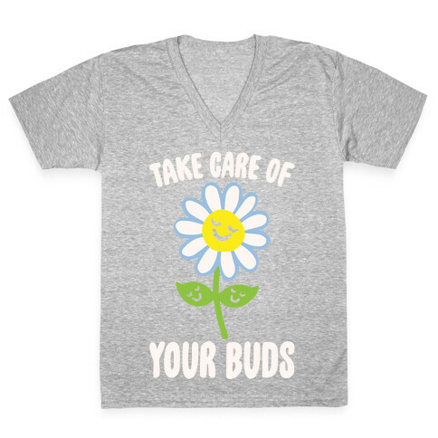 Take Care of Your Buds White Print V-Neck Tee Shirt