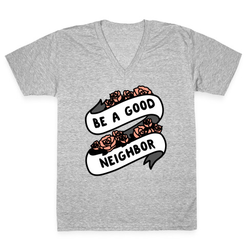 Be A Good Neighbor Floral Ribbon V-Neck Tee Shirt