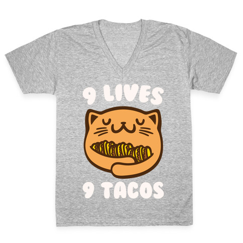 9 Lives 9 Tacos White Print V-Neck Tee Shirt