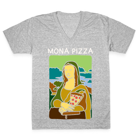 Mona Pizza Parody White Print V-Neck Tee Shirt