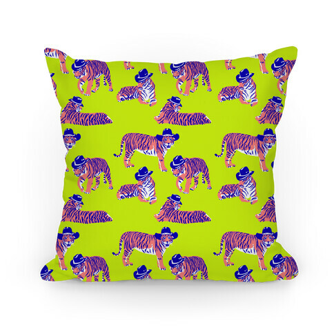 Tigers in Cowboy Hat Neon Pattern Pillow