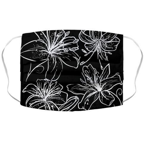 Black and White Tiger Lillies Pattern on Black Accordion Face Mask