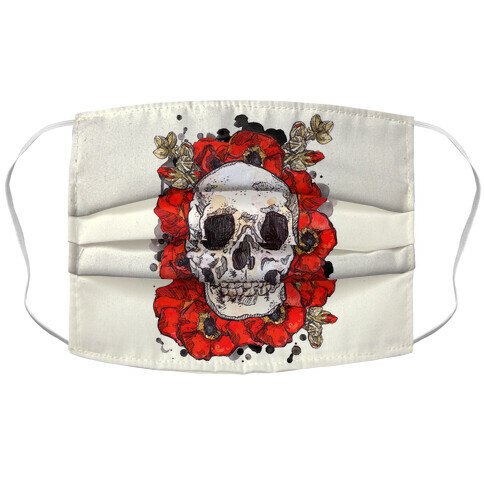 Skull on a Bed of Poppies Red Accordion Face Mask