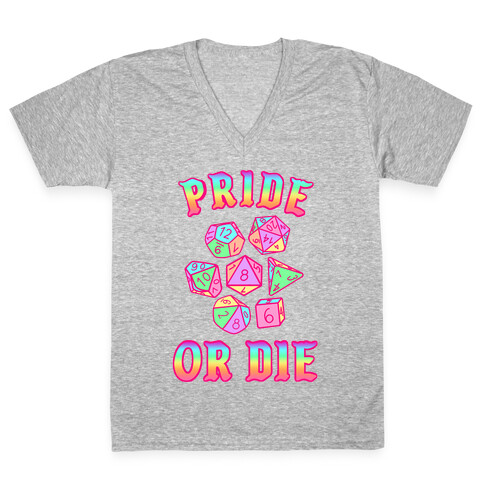 "Pride or Die" DnD Dice Rainbow Gradient V-Neck Tee Shirt