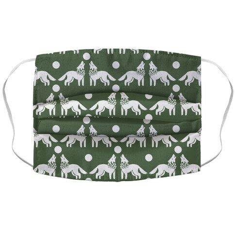 Wolves Howling at Moon Boho Pattern Chive Green Accordion Face Mask