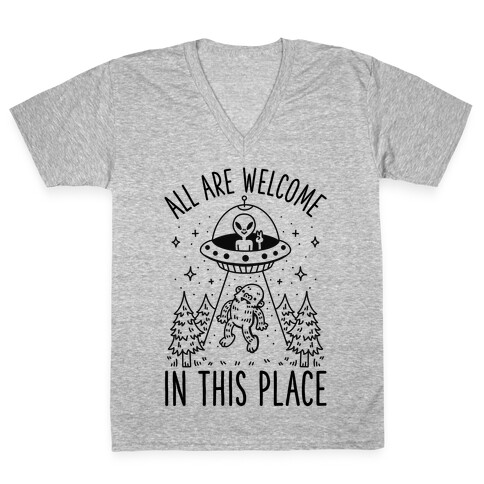 All are Welcome in this Place Bigfoot Alien Abduction V-Neck Tee Shirt