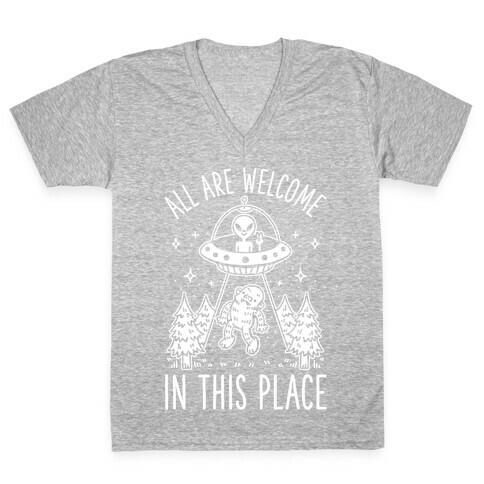 All are Welcome in this Place Bigfoot Alien Abduction V-Neck Tee Shirt