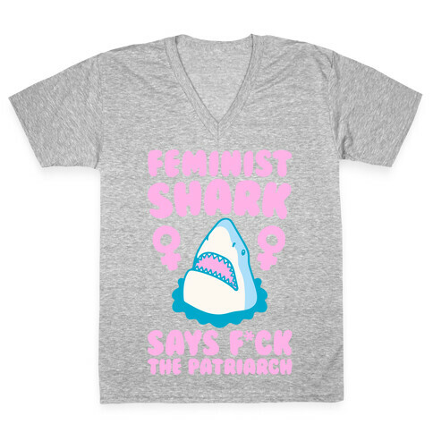 Feminist Shark Says F*ck The Patriarch White Print V-Neck Tee Shirt