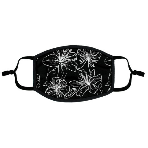 Black and White Tiger Lillies Pattern on Black Flat Face Mask